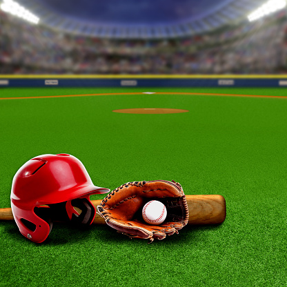 Baseball Stadium With Equipment And Copy Space Stock Photo - Download Image  Now - Baseball - Ball, Baseball - Sport, Backgrounds - iStock