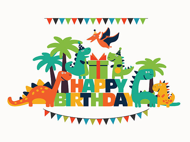 illustrazioni stock, clip art, cartoni animati e icone di tendenza di buon compleanno-bella divertente carta vettoriale con i dinosauri - baby congratulating toy birthday