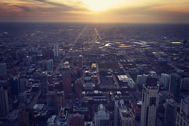 istock Aerial view of Chicago with sunset 529402686