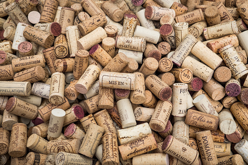 A collection of wine bottle corks.