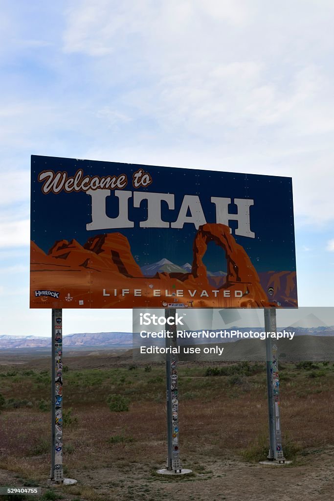Welcome to Utah Loma, Utah - May 22, 2014: A Welcome to Utah sign at the border of Colorado and Utah. Color Image Stock Photo