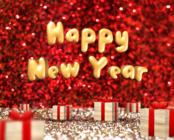 istock Happy New Year(3D rendering text) floating over wood present box 529405618