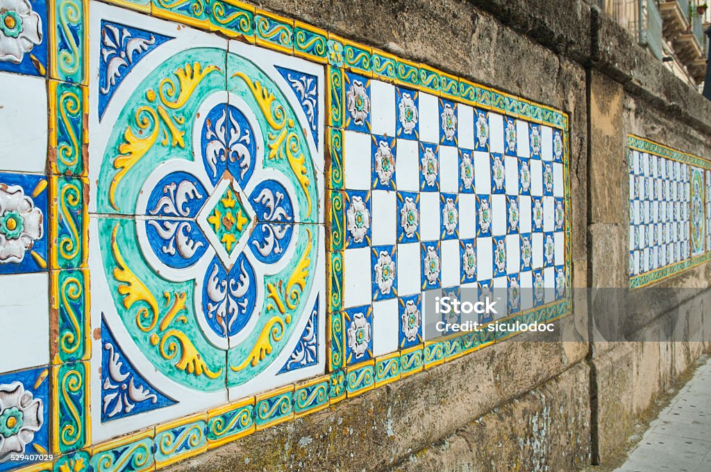 Caltagirone's corners Patterns of colored ceramic tiles along the sides of Saint Francesco bridge in Caltagirone Sicily Stock Photo