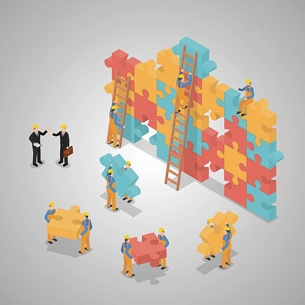 illustrazioni stock, clip art, cartoni animati e icone di tendenza di business squadra costruzione un puzzle puzzle. - three dimensional shape people group of people team