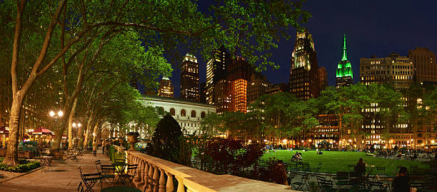Bryant Park Panaramic at Night with Empire State in Green stock photo