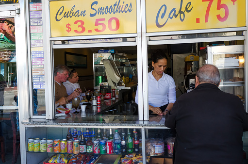 Miami, USA - February 15, 2015: typical cuban bar at Calle Ocho, the center of the Cuban community in Little Havana in Miami United States