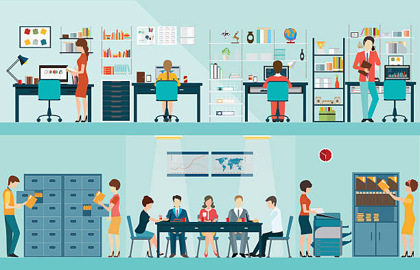 büro-menschen mit schreibtisch. - teamwork meeting team cartoon stock-grafiken, -clipart, -cartoons und -symbole