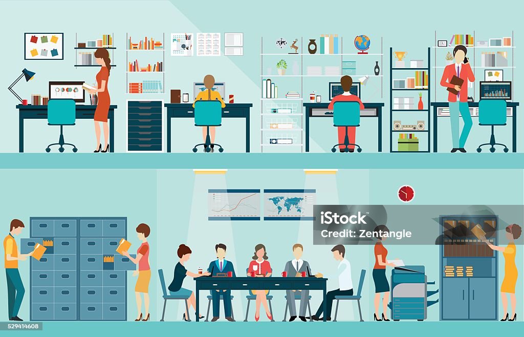 Office people with office desk. Office people with office desk and Business meeting or teamwork, brainstorming in flat style vector illustration. Office stock vector