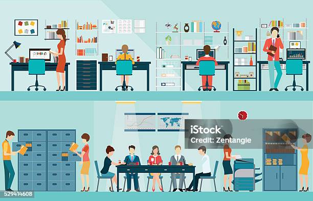 Office People With Office Desk Stock Illustration - Download Image Now - Office, Filing Cabinet, Office Cubicle