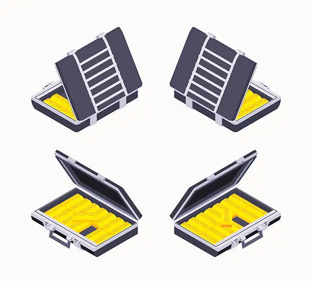 Vector illustration of Isometric open briefcase with the golden bars