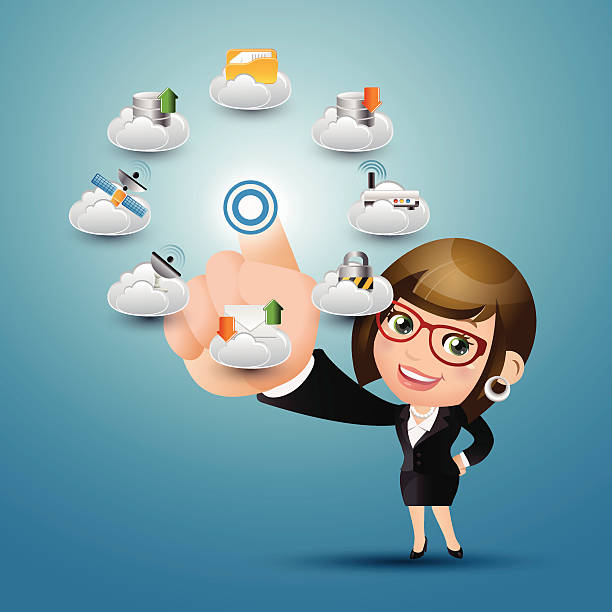 użytkownicy-przetwarzanie w chmurze -cute cloud computing woman. wskazująca - digital tablet note pad business cloud computing stock illustrations