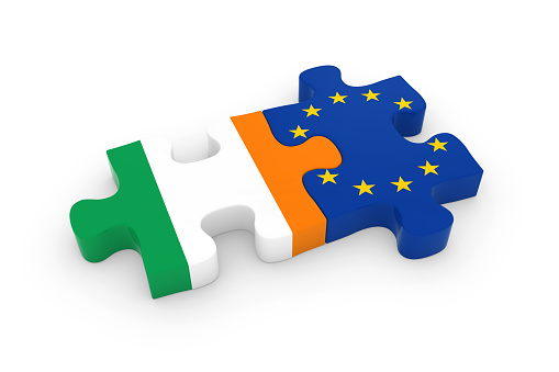 Ireland and EU Puzzle Pieces - Irish and European Flag Jigsaw 3D Illustration