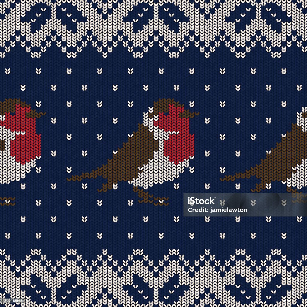 Seamless Knitted Christmas Pattern A seamless knitted Christmas pattern, perfect for your festive design project or as a background for your invitation. This realistic woollen texture features robins surrounded by snow in a repeating pattern. It can be tiled indefinitely both vertically and horizontally, and the scalable eps10 file can be used at any size without loss of quality. Christmas stock vector