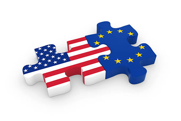 US and EU Puzzle Pieces - American and European Flag stock photo