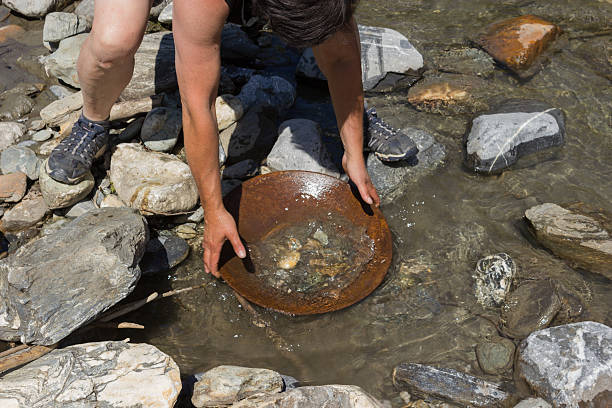 Gold Nugget mining from the River Gold Nugget mining from the River, with a gold pan, and find some big gold nugget. alaska gold rush stock pictures, royalty-free photos & images