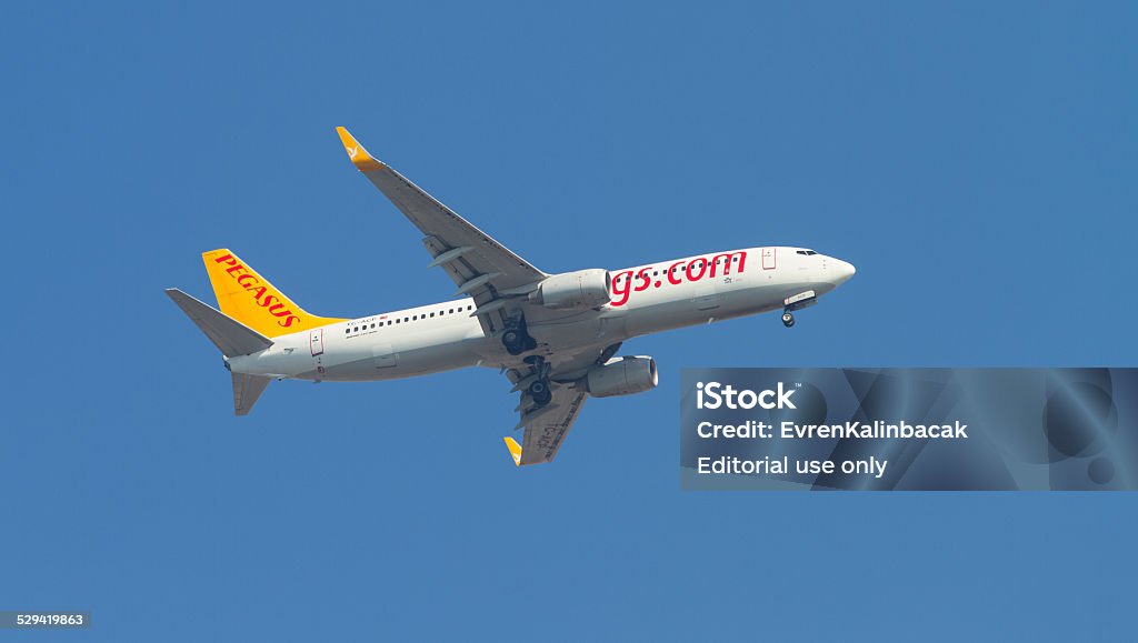 Airplane Istanbul, Turkey - August 16, 2014: Pegasus Airlines Boeing 737-800 landing to Sabiha Gokcen Airport.  Air Vehicle Stock Photo