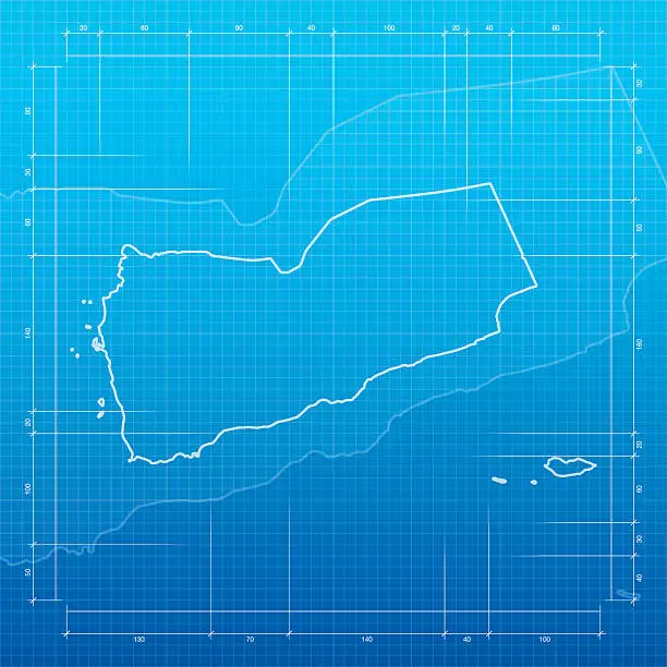 Vector illustration of Yemen map on blueprint background