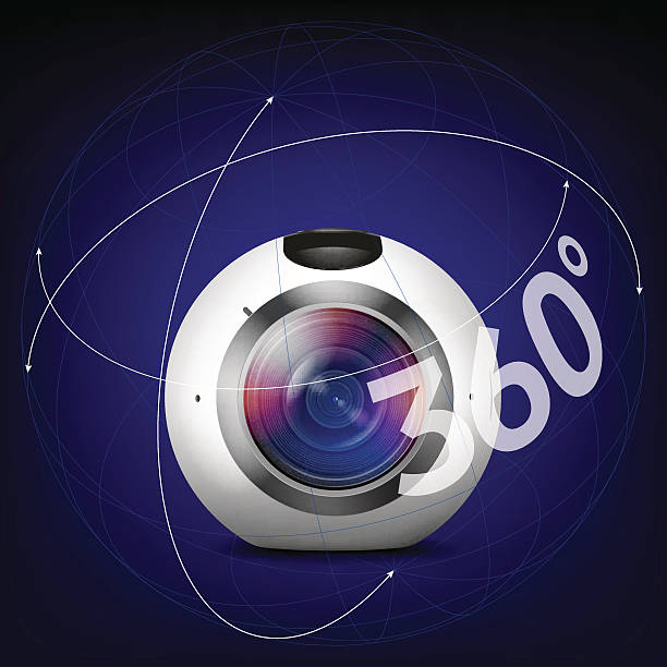ilustraciones, imágenes clip art, dibujos animados e iconos de stock de vector de ojo cámara con las indicaciones de 360 grados - camara 360