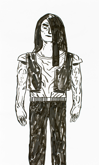 human body, muscles and a straight position, long hair, painted