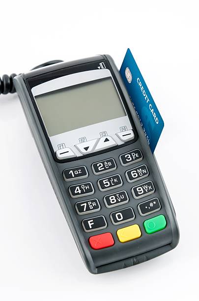 istock Terminal for sale with credit card isolated on white 529423941