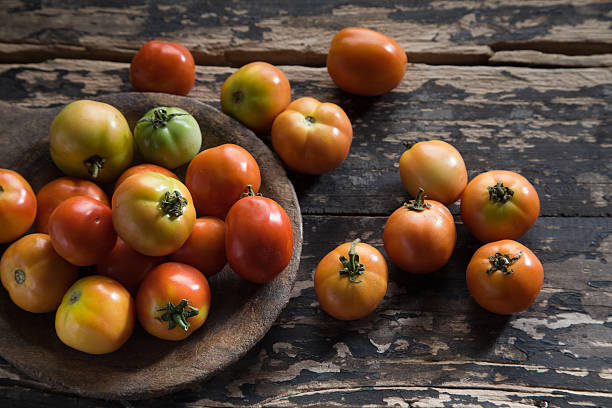 Freshly harvested tomatoes on the wooden table stock photo