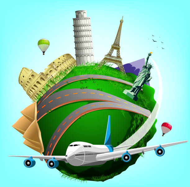 istock Vector Travel Green Planet with Plane and World's Famous Landmarks 529424164
