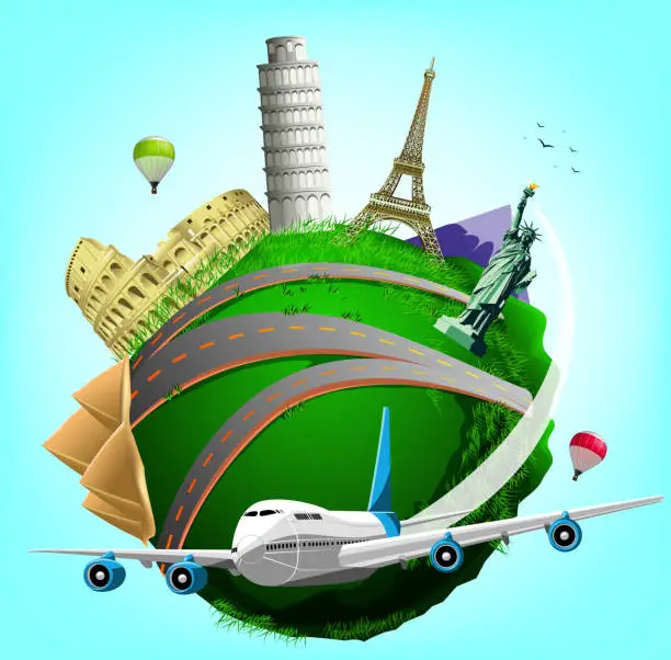Vector illustration of Vector Travel Green Planet with Plane and World's Famous Landmarks
