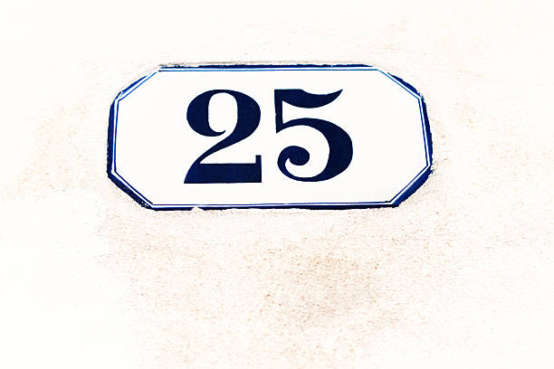 Number 25 Blue and White Vintage Address Tile, White Wall