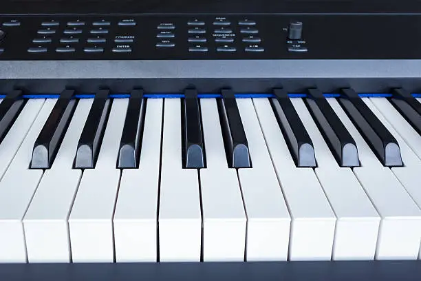 Photo of Piano Keyboard synthesizer closeup key frontal view