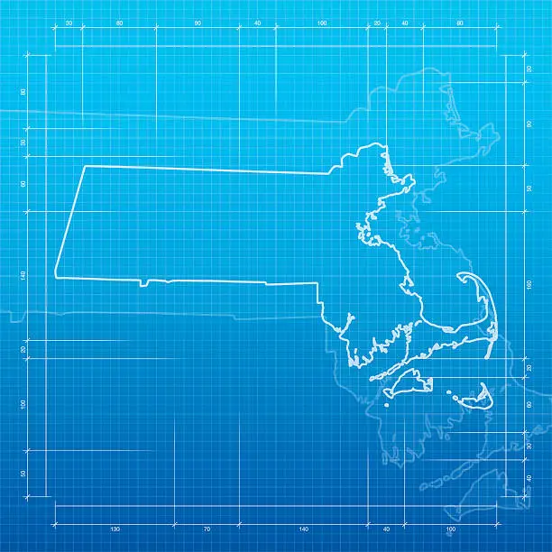 Vector illustration of Massachusetts map on blueprint background
