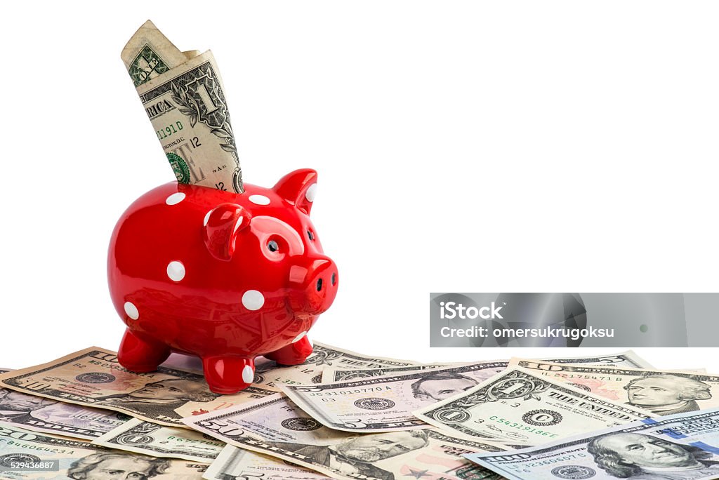 Piggy Bank American Dollars as a currency with moneybox on a white background. American Fifty Dollar Bill Stock Photo