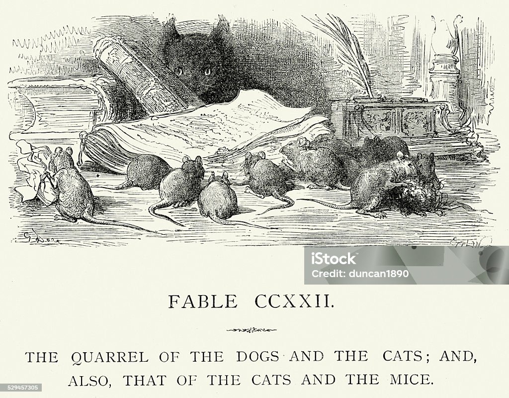 La Fontaine's Fables - Quarrel of the Dogs and Cats Vintage engraving from La Fontaine's Fables, Illustraed by Gustave Dore. The Quarrel of the Dogs and the Cats; and also, that of the Cats and the Mice 19th Century stock illustration