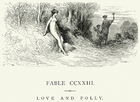 Vintage engraving from La Fontaine's Fables, Illustraed by Gustave Dore. Love and Folly