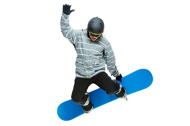 istock Snowboarder jumping with snowboard & cheering 529458139