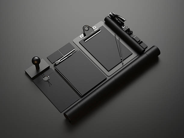 istock Set of black branding elements on black paper background 529459091