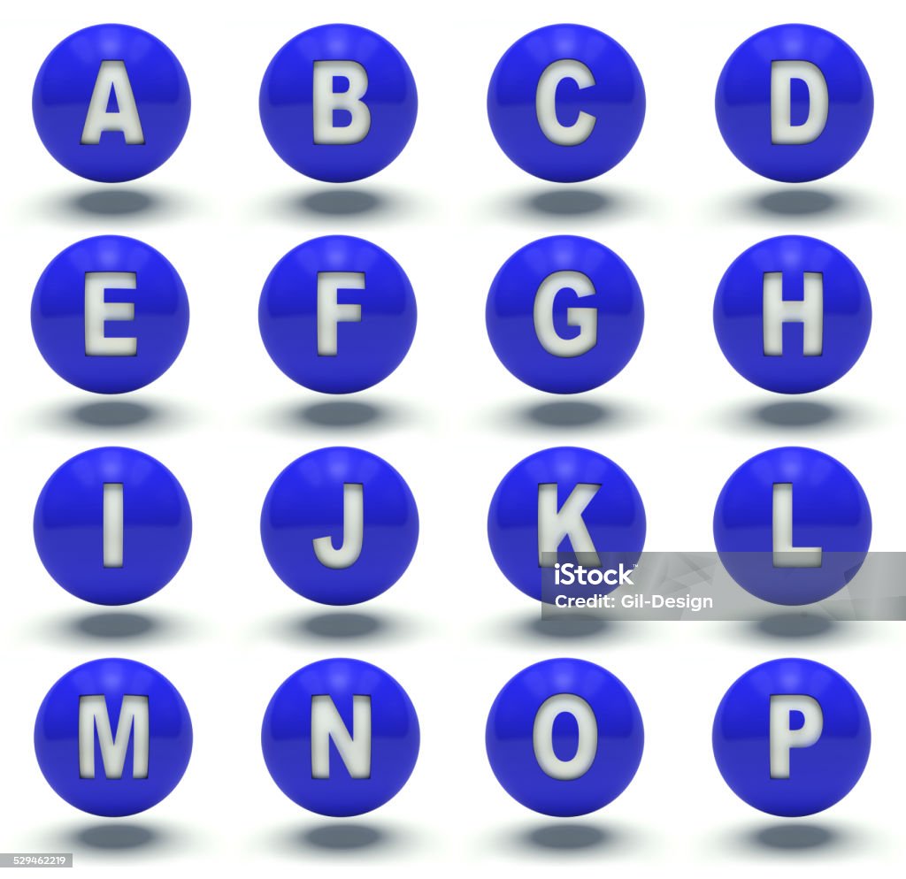 Blue ball uppercase letters A to P. 3d render illustration. Alphabet Stock Photo