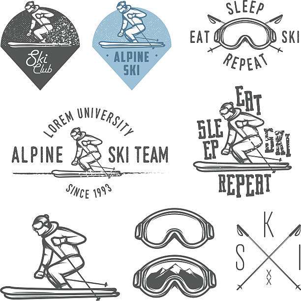 ilustrações, clipart, desenhos animados e ícones de conjunto retrô emblems de esqui, emblemas e elementos de design - ski pole