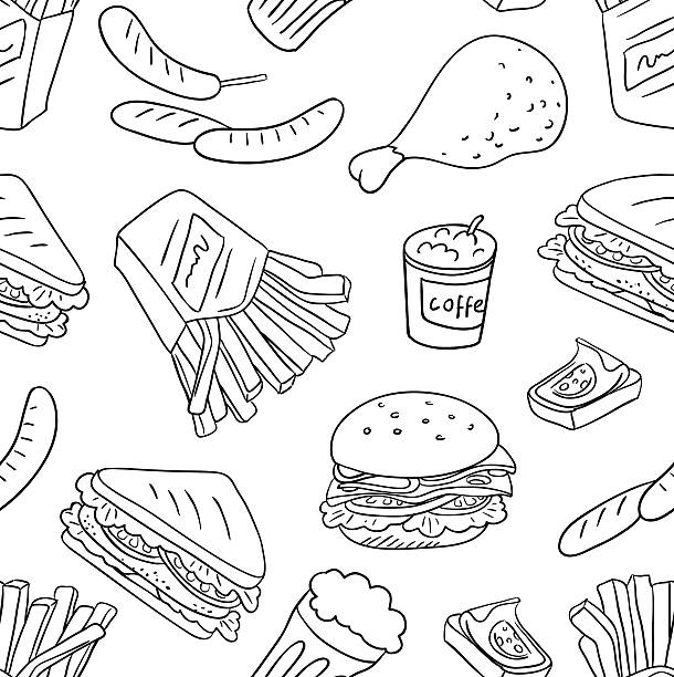 illustrazioni stock, clip art, cartoni animati e icone di tendenza di trama senza soluzione di continuità con le icone fast food (vettore) - cream ice symbol french fries