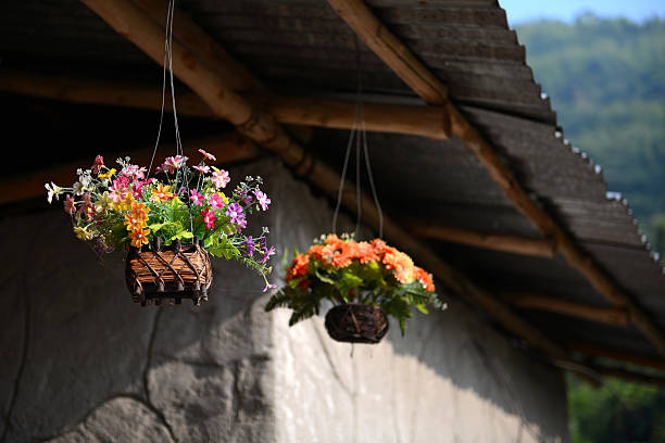 fake flower varicolored in hanging basket for decorative home
