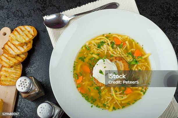 Beef Broth With Toast And Egg Benedict Stock Photo - Download Image Now - Appetizer, Beef, Beef Stew