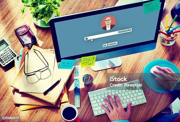 Businessman Log In Computer Password Concept Stock Photo - Download Image Now - Adhesive Note, Password, Adult