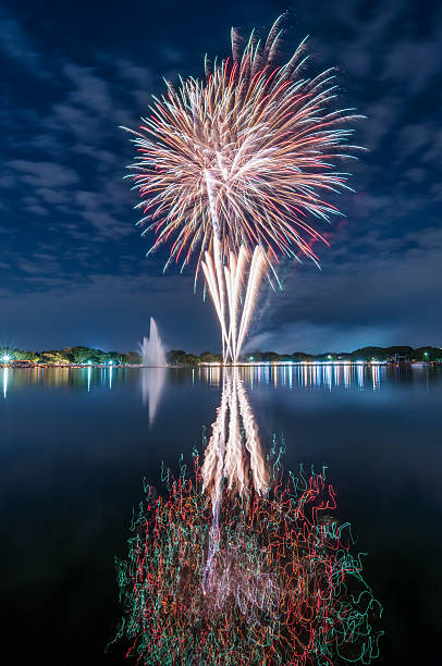 istock colourful fireworks with a reflection on the water for celebrati 529481245