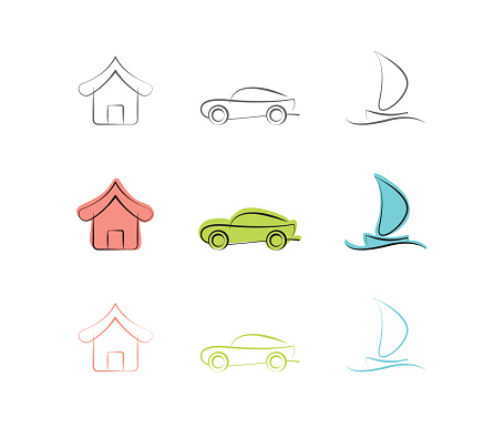 Characteristic drawings house, car and sailing ship shaped