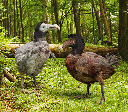 An illustration of a male and female Dodo Birds in a forest. The dodo (Raphus cucullatus) is an extinct flightless bird that was endemic to the island of Mauritius, east of Madagascar in the Indian Ocean. 