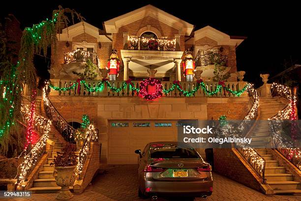 Luxury Brooklyn House With Christmas Lights At Night New York Stock Photo - Download Image Now