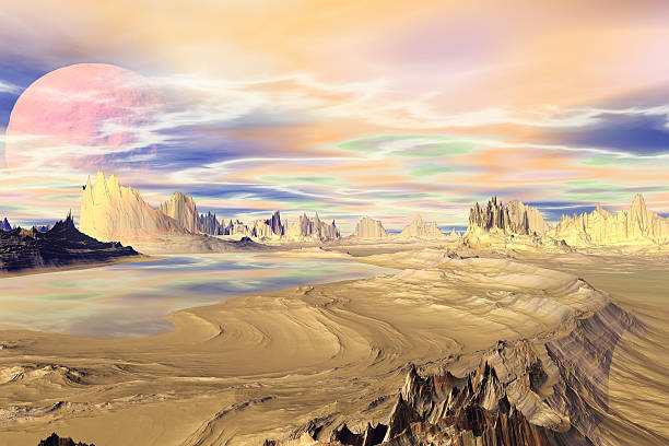 istock 3D rendered fantasy alien planet. Rocks and lake 529493779