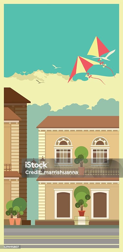 City Building Cityscape old beautiful building on a white background in retro style with kites in the sky Architecture stock vector