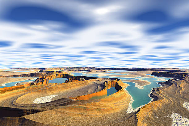 istock 3D rendered fantasy alien planet. Rocks and lake 529495981
