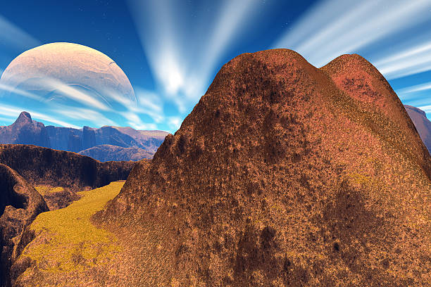 istock 3D rendered fantasy alien planet. Rocks and sky 529495985