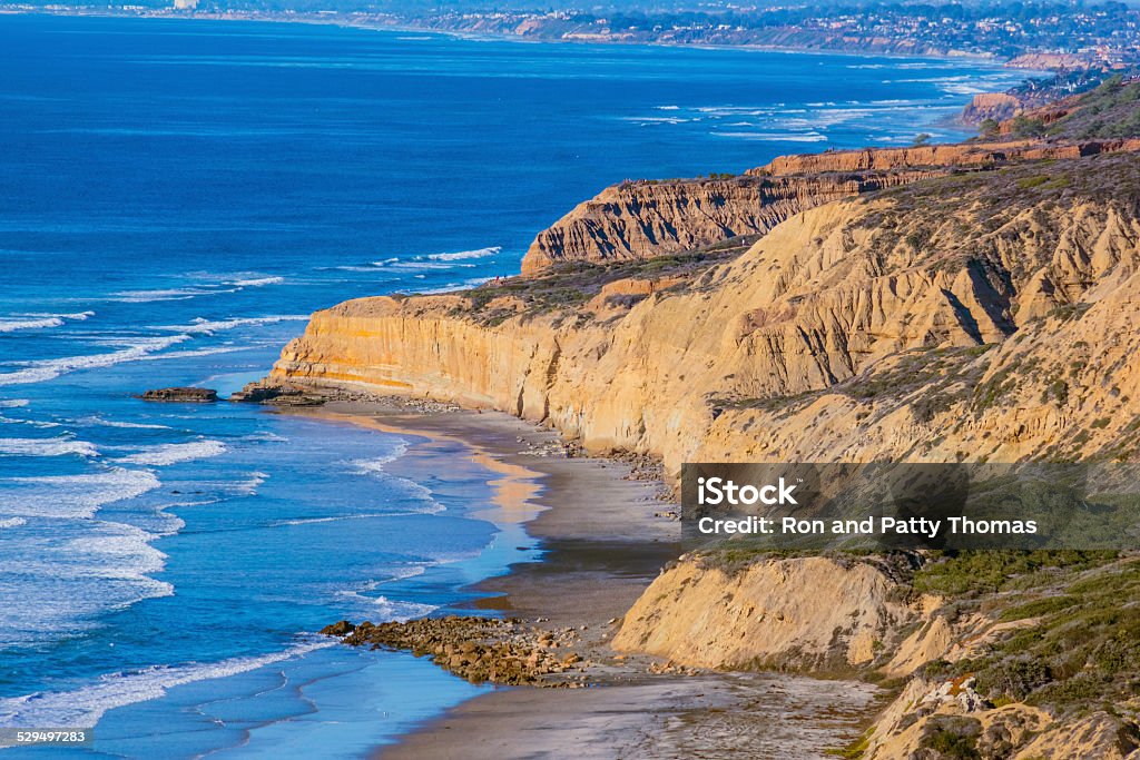 Torrey Pines State Natural Reserve,San Diego, CA,(P) Rugged coastline of Torrey Pines State Natural Reserve and the Pacific Ocean, San Diego, California Bay of Water Stock Photo